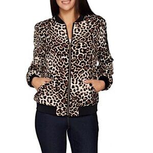 Susan Graver Silky Leopard Print Black Trim Full Zip Women's Bomber Jacket XL